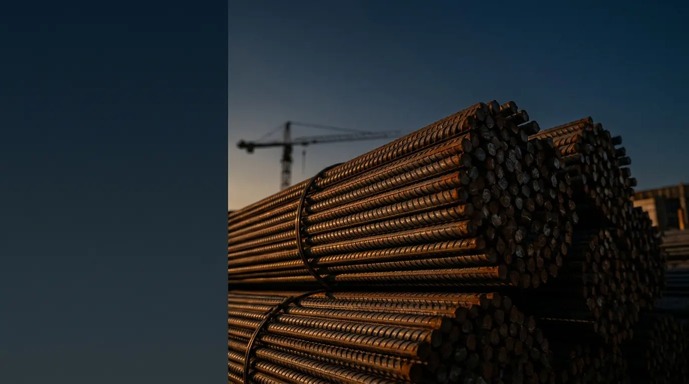 Bundles of ribbed steel rebar at a construction site