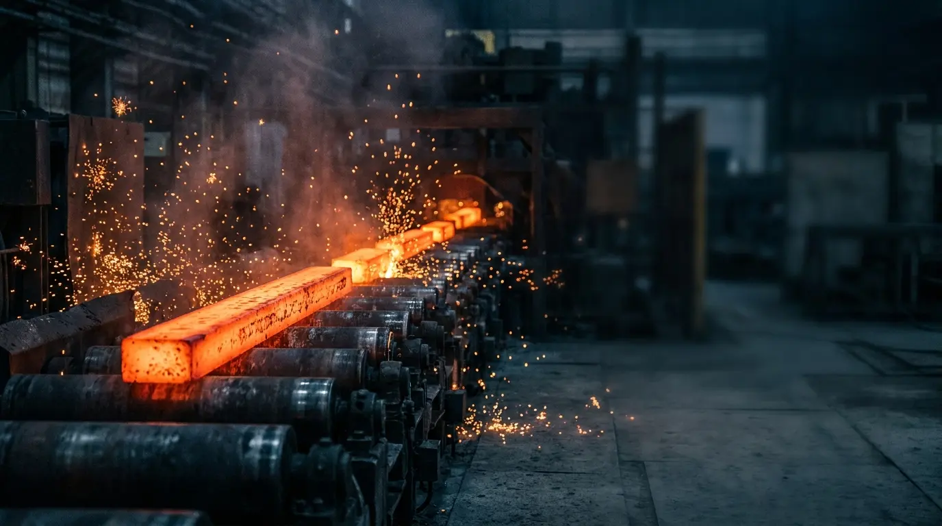 Glowing steel billets on rollers in a steel mill